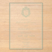 Elegantes White & Sage Green Wappen Monogram Weddi Acryleinladungen (Vorderseite)