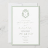 Elegantes White & Sage Green Wappen Monogram Weddi Einladung (Vorderseite)