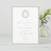 Elegantes White & Sage Green Wappen Monogram Weddi Einladung (Stehend Vorderseite)