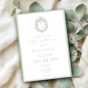 Elegantes White & Sage Green Wappen Monogram Weddi Einladung