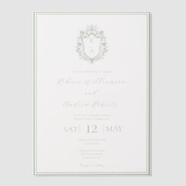 Elegantes White & Sage Green Wappen Monogram Weddi Pergament Einladungen