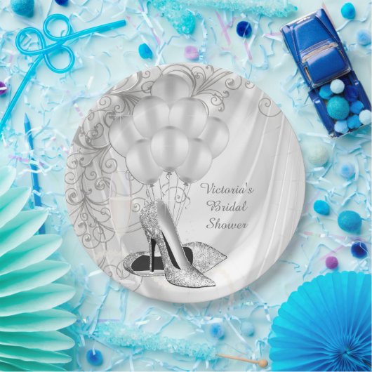 Elegantes White Satin Silver Shoe Brautparty Pappteller (Party)