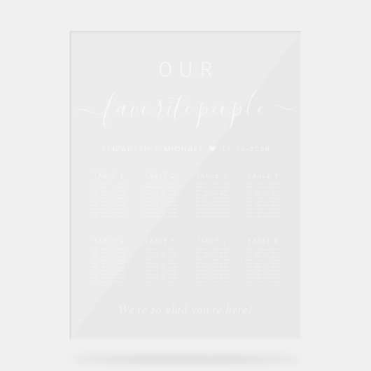 Elegantes White Script 8 Table Wedding Seating Cha Acrylschild (Vorderseite)