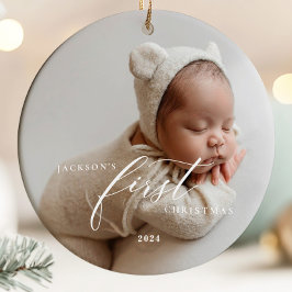 Elegantes White Script Baby's First Christmas Foto Keramik Ornament