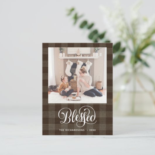 Elegantes White Script BLESSED Brown Buffalo Karie Postkarte (Stehend Vorderseite)