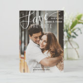 Elegantes White Script Confetti Save the Date Foto (Stehend Vorderseite)