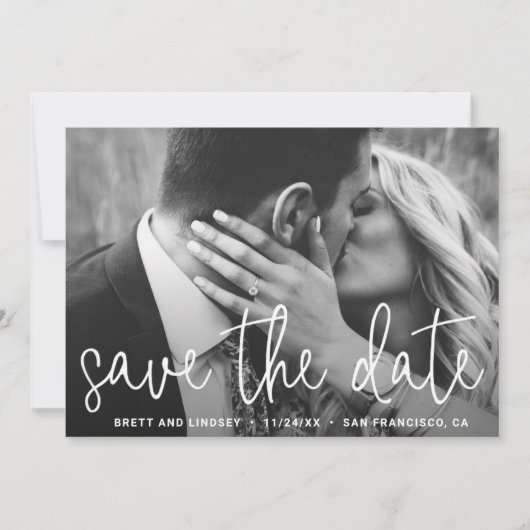 Elegantes White Script Einfaches Foto Moderne Hoch Save The Date (Vorderseite)