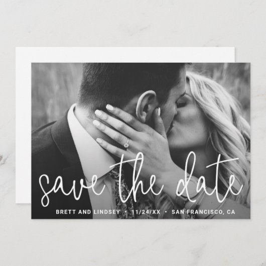 Elegantes White Script Einfaches Foto Moderne Hoch Save The Date (Vorne/Hinten)