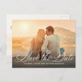 Elegantes White Script Foto Hochzeit Speichern Sie Ankündigungspostkarte (Vorne/Hinten)