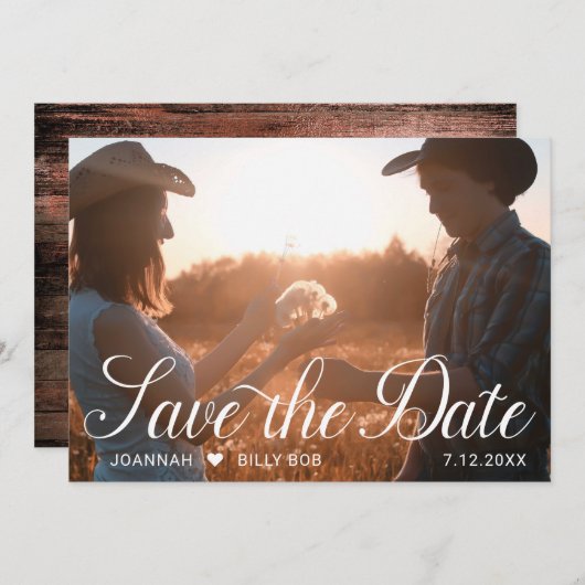 Elegantes White Script Foto Rustic Wood Save The Date (Vorne/Hinten)