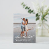 Elegantes White Script Foto Save the Date Postcard Postkarte (Stehend Vorderseite)