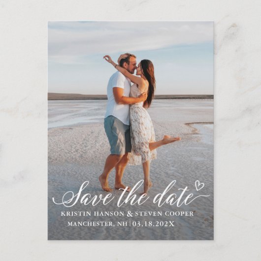Elegantes White Script Foto Save the Date Postcard Postkarte (Vorderseite)