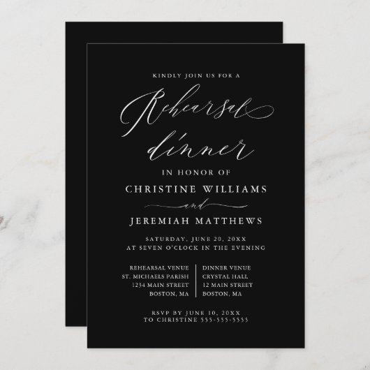 Elegantes White Script Hochzeit Probe Dinner Einladung (Vorne/Hinten)