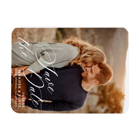 Elegantes White Script | Hochzeitstag speichern Magnet (Horizontal)