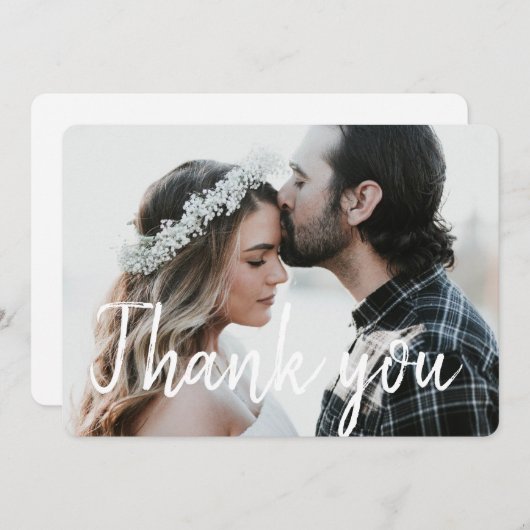 Elegantes White Script Schriftart Foto Dankeskarte (Vorne/Hinten)