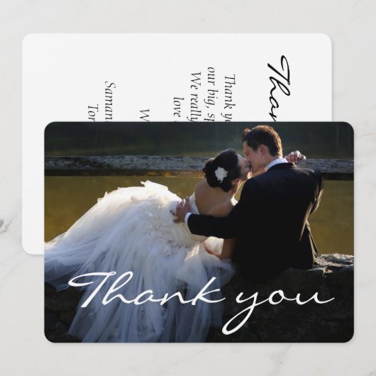 Elegantes White Script Schriftart Wedding Foto Dankeskarte (Vorne/Hinten)