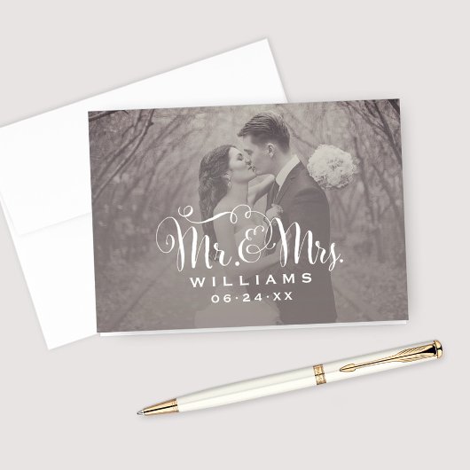 Elegantes White Script Sepia Foto Wedding Monogram Dankeskarte