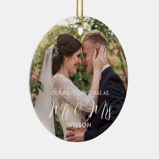 Elegantes White Script Wedding Foto Keramik Ornament (Rechts)