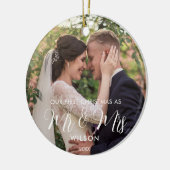 Elegantes White Script Wedding Foto Keramik Ornament (Links)