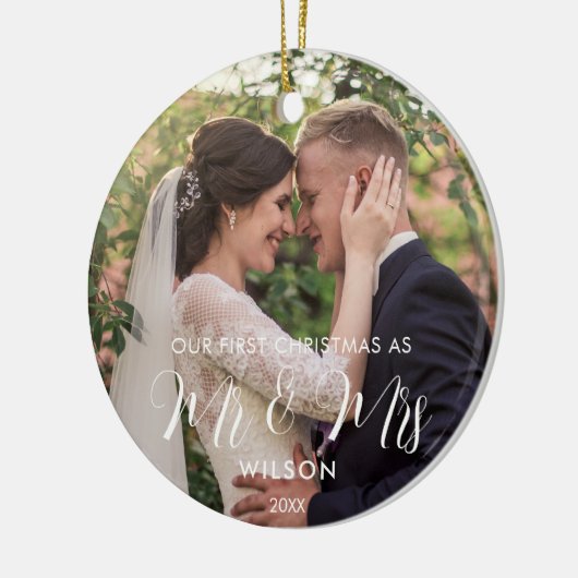 Elegantes White Script Wedding Foto Keramik Ornament (Links)