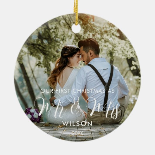 Elegantes White Script Wedding Foto Keramik Ornament (Hinten)