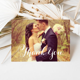 Elegantes White Script Wedding Foto Vielen Dank Dankeskarte