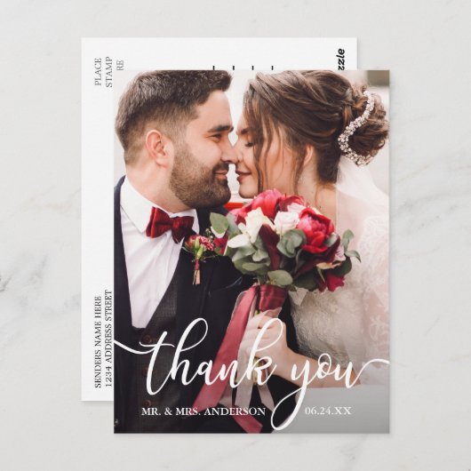 Elegantes White Script Wedding Foto Vielen Dank Postkarte (Vorne/Hinten)