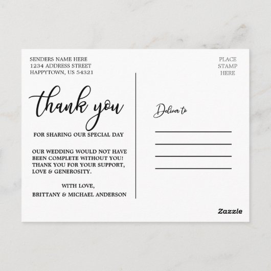 Elegantes White Script Wedding Foto Vielen Dank Postkarte (Rückseite)