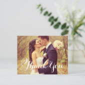 Elegantes White Script Wedding Foto Vielen Dank Postkarte (Stehend Vorderseite)