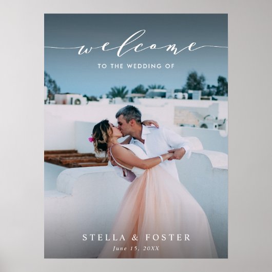 Elegantes White Script Wedding Willkommenszeichen Poster (Vorne)