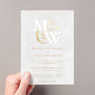 Elegantes White Sea Glass Monogram Gold Wedding Acryleinladungen