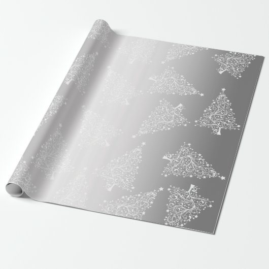 Elegantes White & Silver Weihnachtsbaummuster Geschenkpapier (Ungerollt)