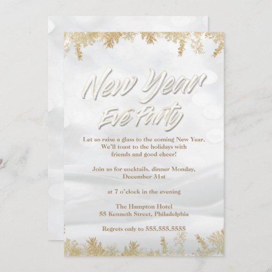 Elegantes White Snow & Gold Silvester Party Einladung (Vorne/Hinten)