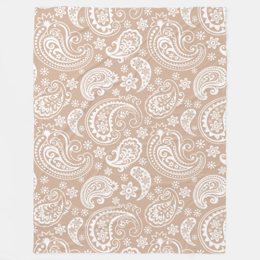 Elegantes White & Tan Vintag Paisley Muster Fleecedecke (Vorderseite)