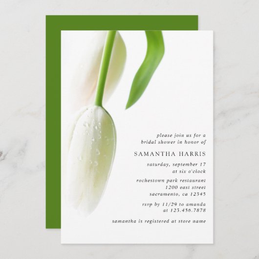 Elegantes White Tulips Brautparty Einladung (Vorne/Hinten)