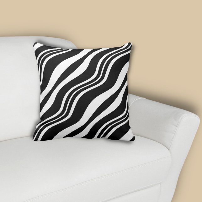 Elegantes White Wave Line Muster Schwarz Kissen (Elegant White Wave Line Pattern Black Throw Pillow)