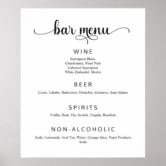 Elegantes White Wedding Bar Menu Poster (Vorne)