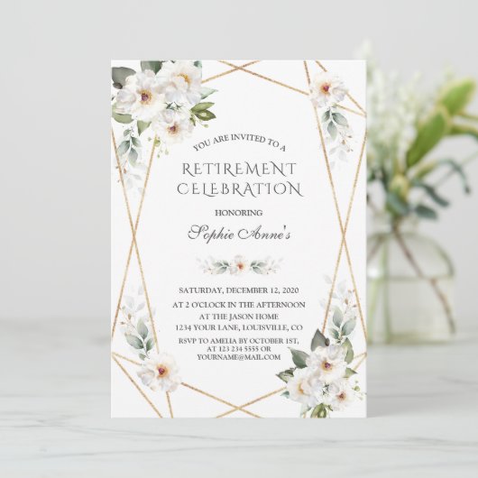 Elegantes White Wild Rose Gold Retirement Party Einladung (Stehend Vorderseite)