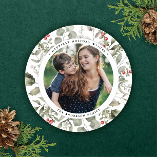 Elegantes White Winter Greenerity Wreath Foto Rund Feiertagskarte