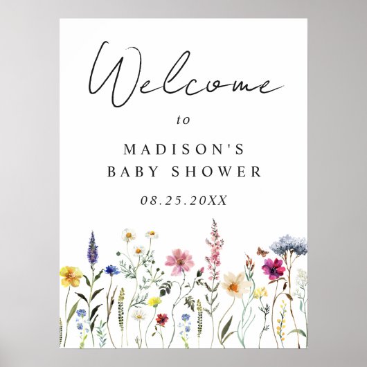 Elegantes Wildblume Baby Dusche Begrüßungszeichen Poster (Vorne)