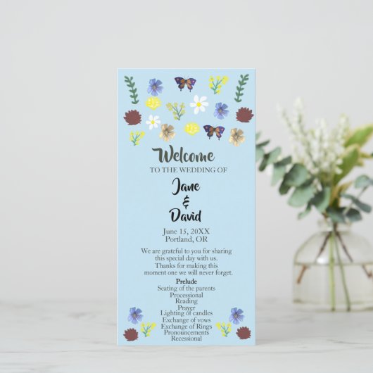 Elegantes Wildblume Boho Blue Wedding Programm (Stehend Vorderseite)