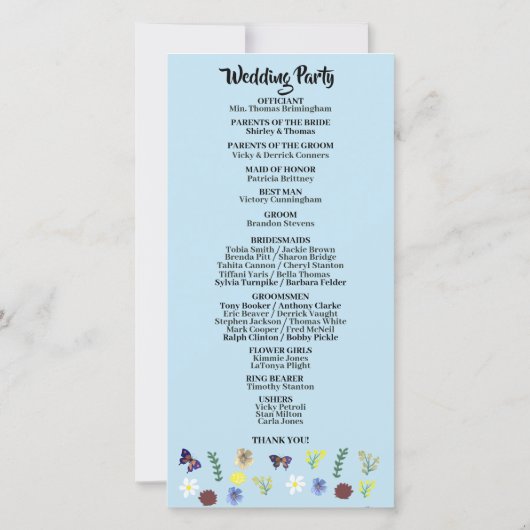Elegantes Wildblume Boho Blue Wedding Programm (Rückseite)
