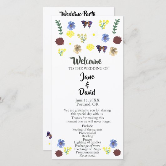 Elegantes Wildblume Boho White Wedding Programm (Vorne/Hinten)