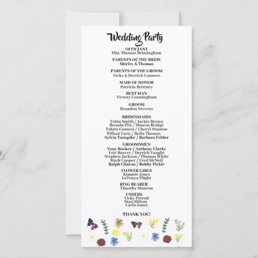 Elegantes Wildblume Boho White Wedding Programm (Rückseite)