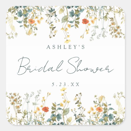 Elegantes Wildblume Brautparty Quadratischer Aufkleber (Vorderseite)