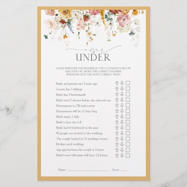 Elegantes Wildblume Gelbes Brautparty Spiel (Vorderseite)