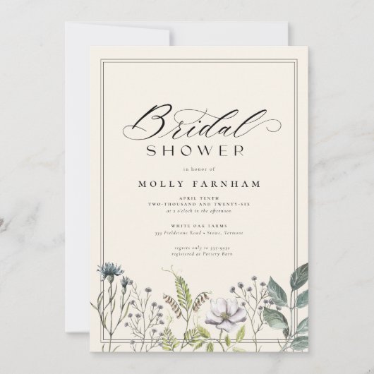 Elegantes Wildblume Kalligrafisches Brautparty Einladung (Vorderseite)