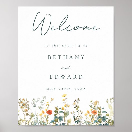 Elegantes Wildblume Wedding Welcome Poster (Vorne)