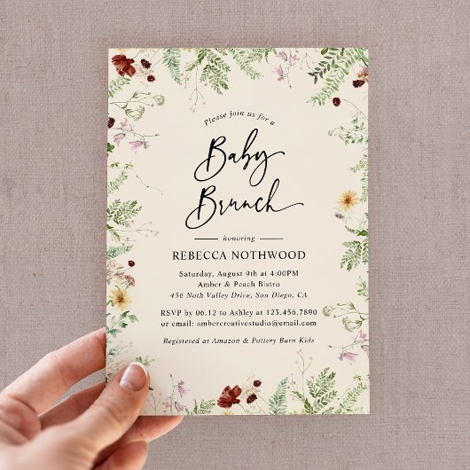 Elegantes Wildblumen Boho-Themed Baby Brunch Einladung