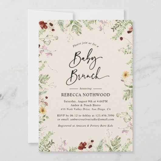 Elegantes Wildblumen Boho-Themed Baby Brunch Einladung (Vorderseite)